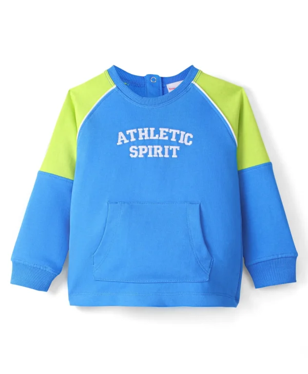 100% Cotton Raglan Full Sleeves T-Shirt With Graphics & Felt Embroidery Detailing- Blue