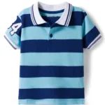 Kookie Kids 100% Cotton Knit Half Sleeves Striped Polo T-Shirt With Tipping & Embroidery Detailing - Light & Navy Blue