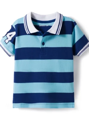 Kookie Kids 100% Cotton Knit Half Sleeves Striped Polo T-Shirt With Tipping & Embroidery Detailing - Light & Navy Blue