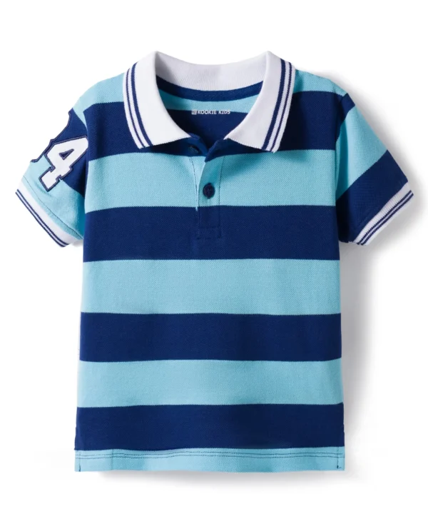 Kookie Kids 100% Cotton Knit Half Sleeves Striped Polo T-Shirt With Tipping & Embroidery Detailing - Light & Navy Blue