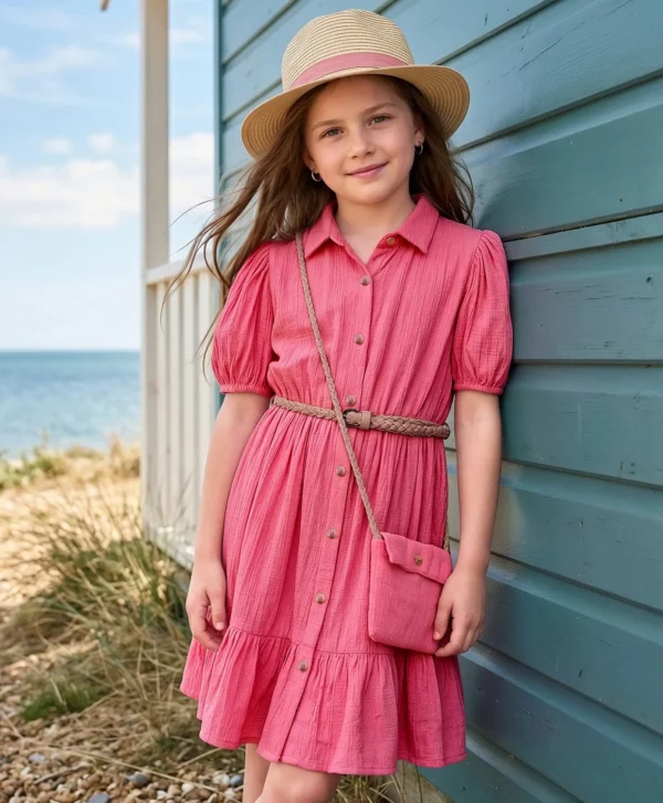 Cotton Rayon Woven Half Sleeves Solid Textured Dress with Belt & Sling Bag - Pink