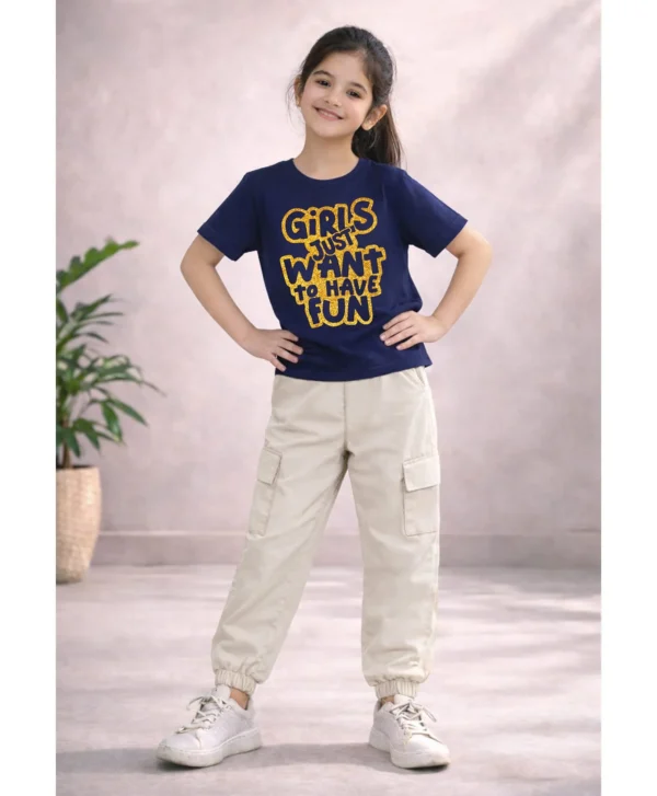 Cotton Blend Knit Half Sleeves Girls Just Wanna Have Fun Text Printed Tee & Sweatpants Set - Blue & Beige
