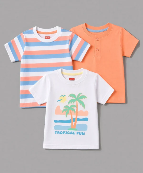 Cotton Knit Half Sleeves Striped & Solid T-Shirts Pack Of 3 - Orange & White