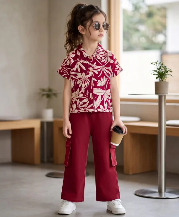 Cotton Knit Half Sleeve Top & Culottes With Floral Print - Maroon
